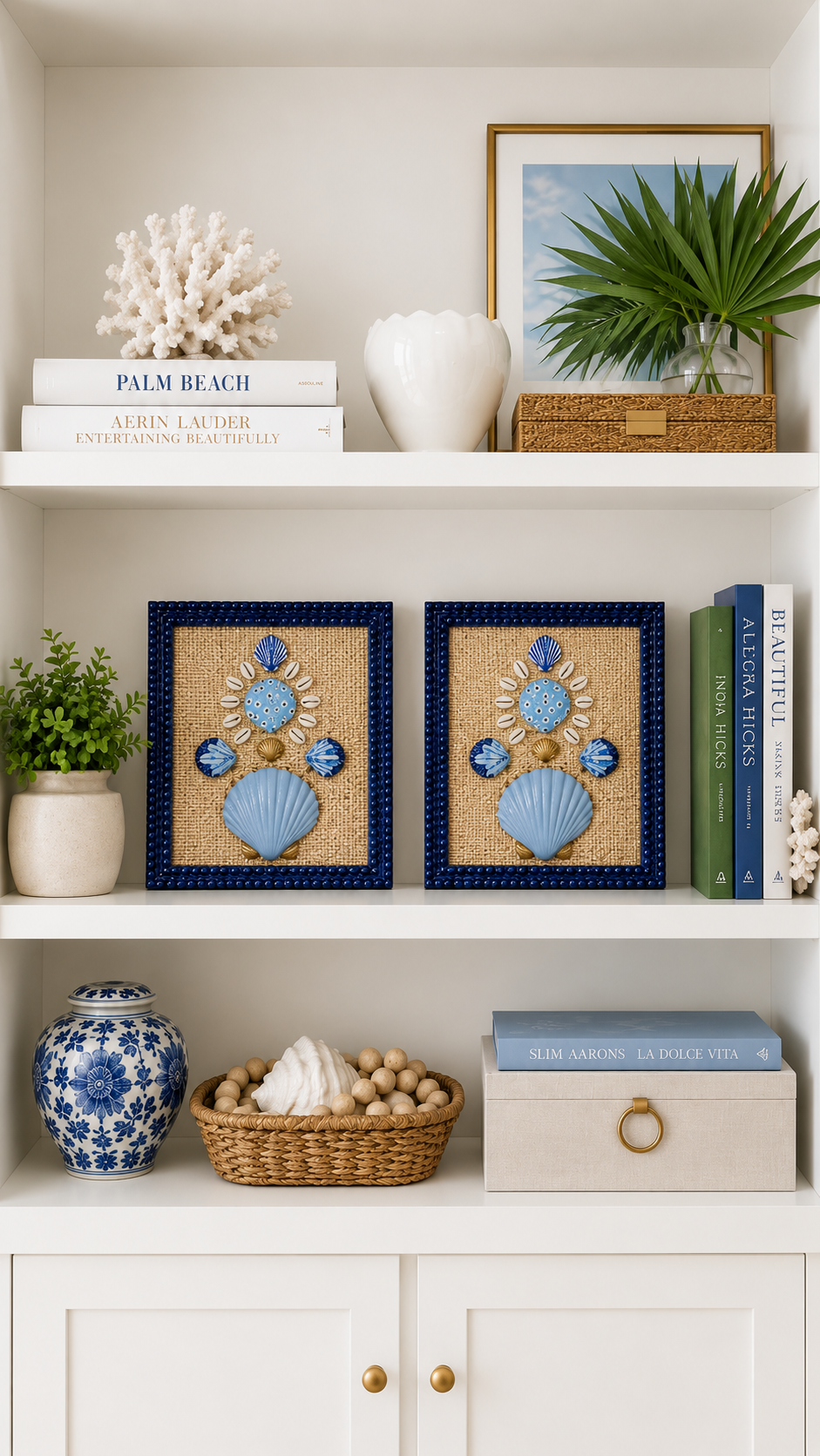 Palm Trail 1/2 - 8x10 Hand Painted Shell Art, Navy Blue Bubble Frame