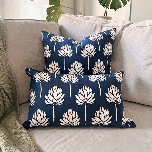 Lotus Bloom - Pure Linen Throw Pillow Cover - Navy Blue