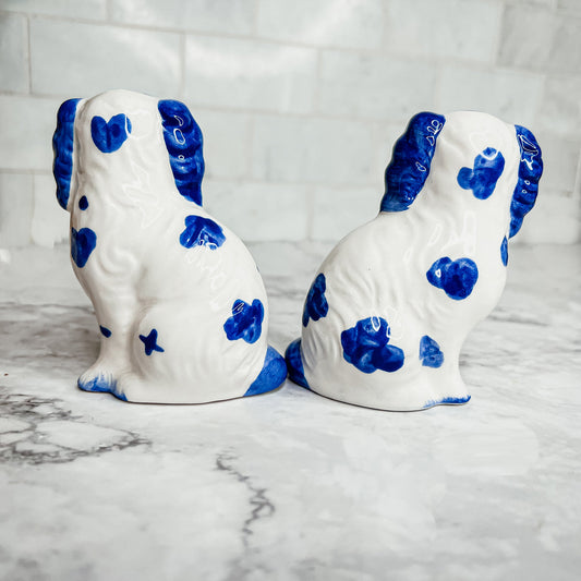 Staffordshire Dog Salt And Pepper Shakers Ceramic Hand-Painted Blue White