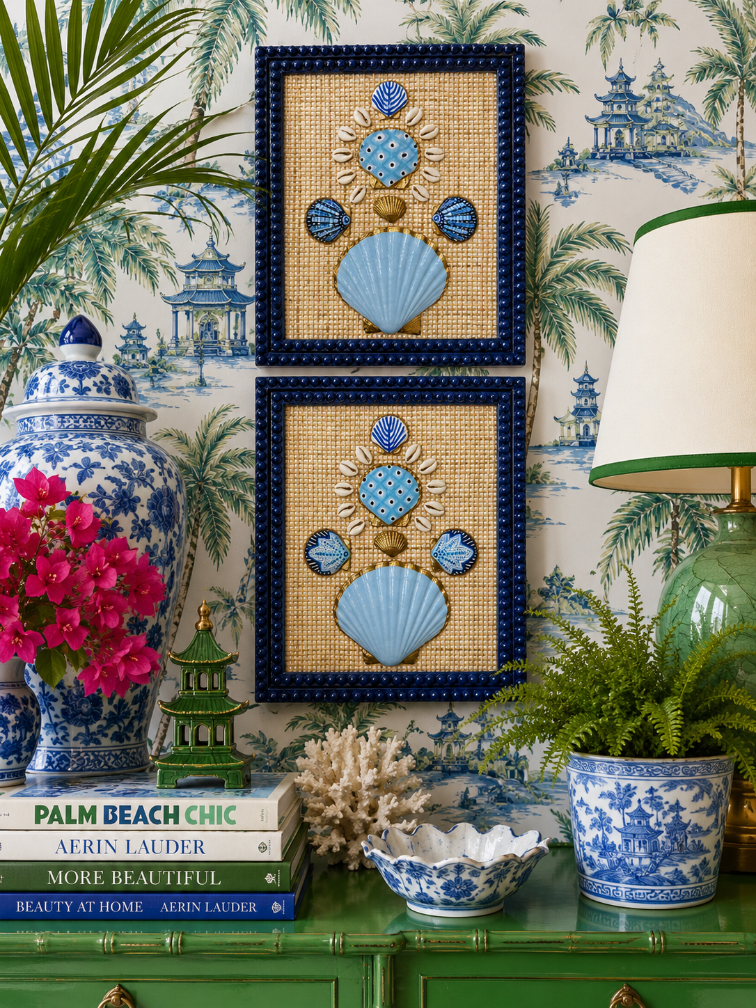 Palm Trail 2/2 - 8x10 Hand Painted Shell Art, Navy Blue Bubble Frame (Copy)