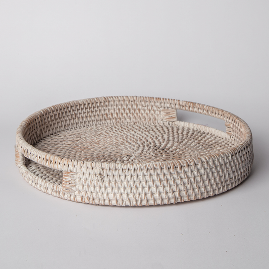 404 Round Rattan Tray — Decorative White Woven Tray for Coffee Table & Home