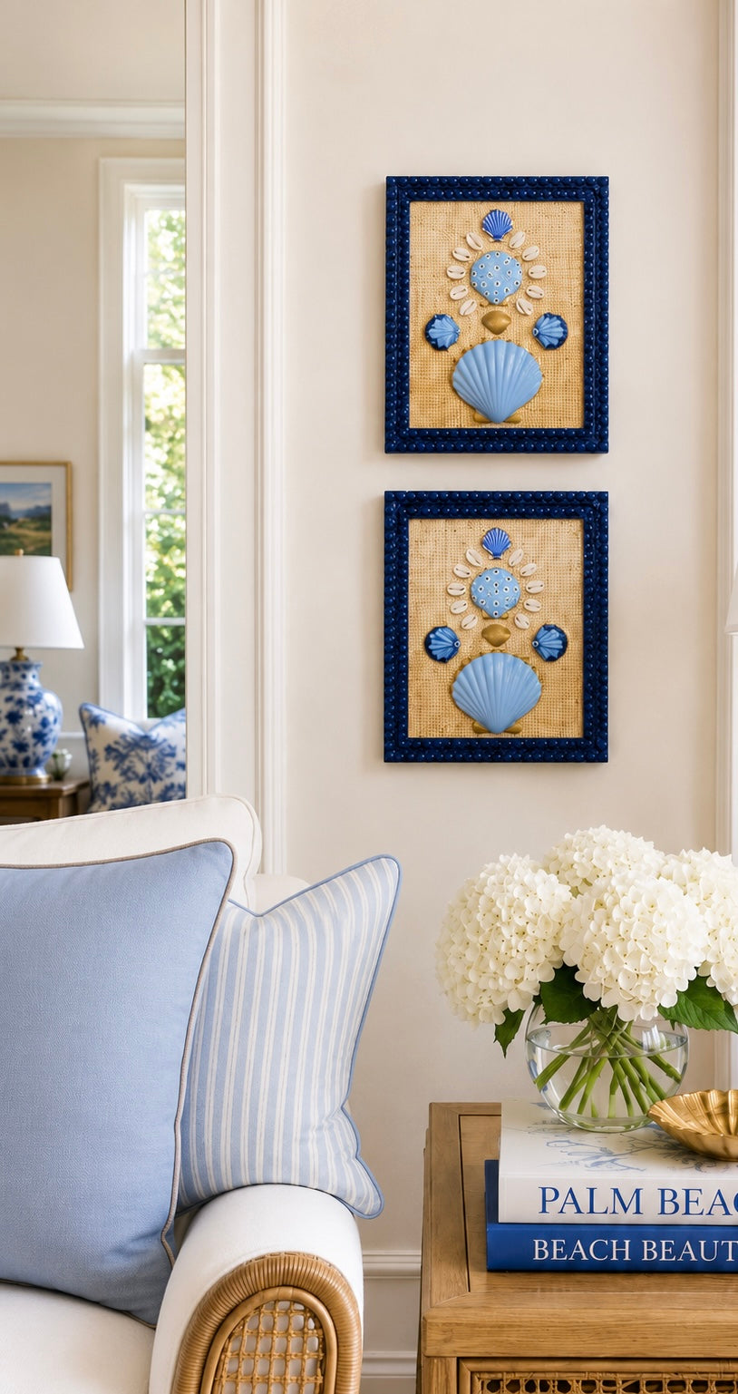 Palm Trail 2/2 - 8x10 Hand Painted Shell Art, Navy Blue Bubble Frame (Copy)