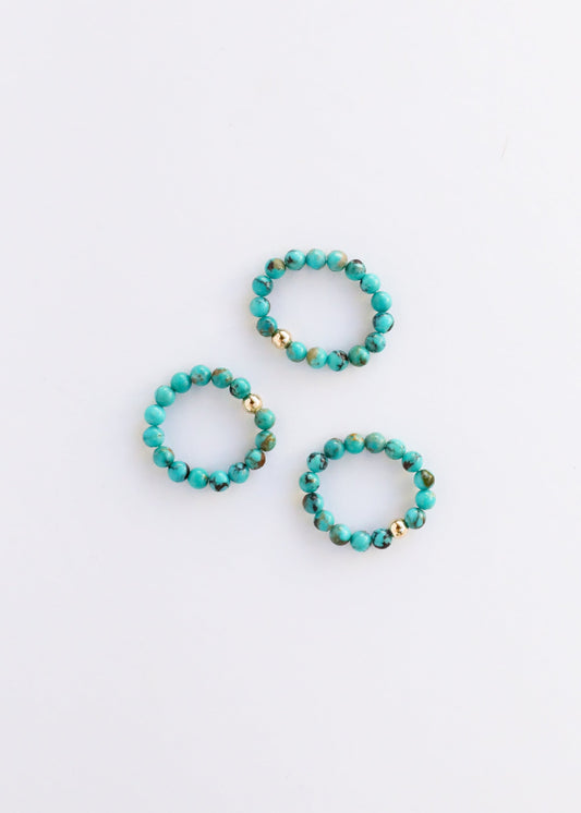 Natural Turquoise + 14k Gold Filled + Honey Amber || Ring Set Trio ||