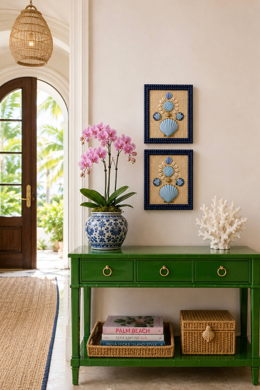 Palm Trail 2/2 - 8x10 Hand Painted Shell Art, Navy Blue Bubble Frame (Copy)