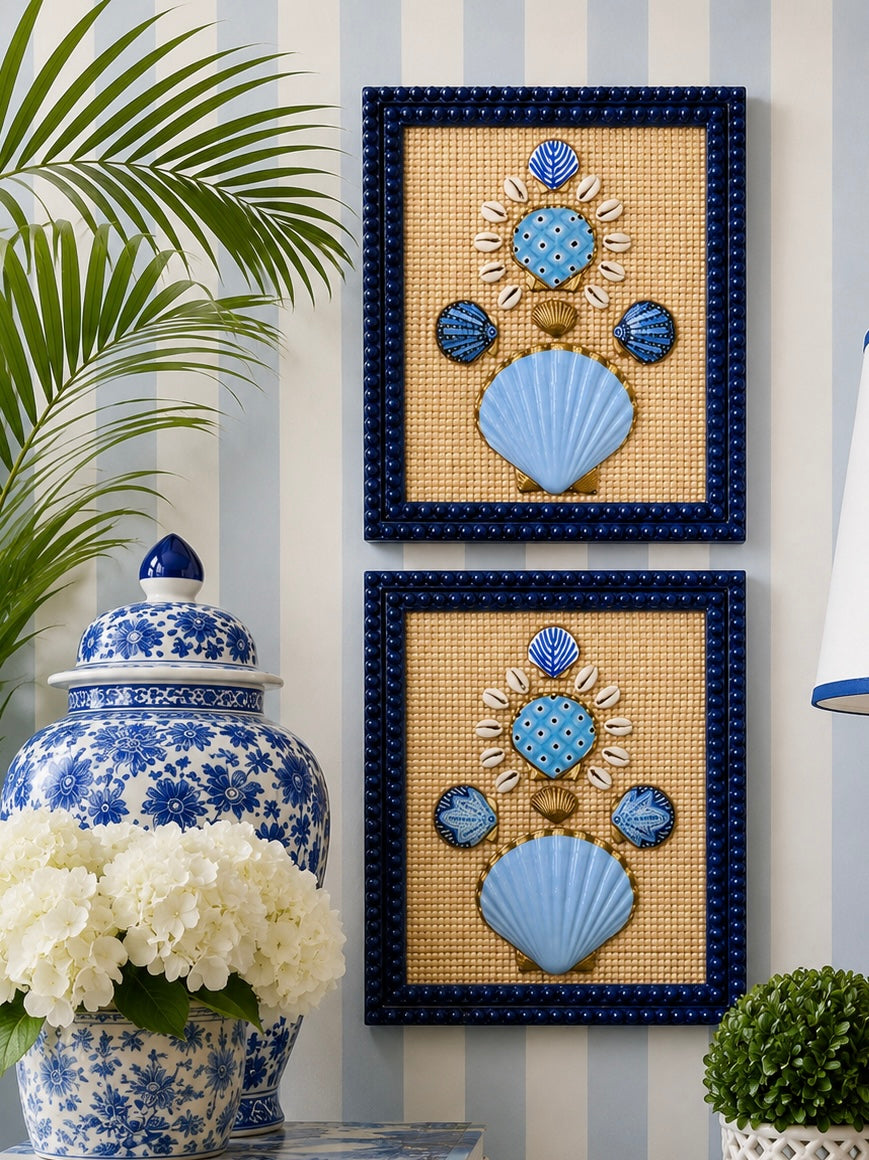 Palm Trail 2/2 - 8x10 Hand Painted Shell Art, Navy Blue Bubble Frame (Copy)