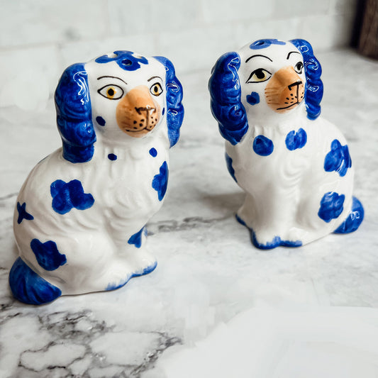 Staffordshire Dog Salt And Pepper Shakers Ceramic Hand-Painted Blue White